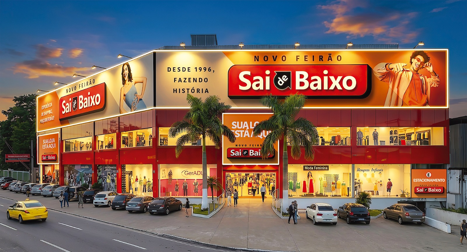 Fachada do Feirão Sai de Baixo iluminada ao anoitecer